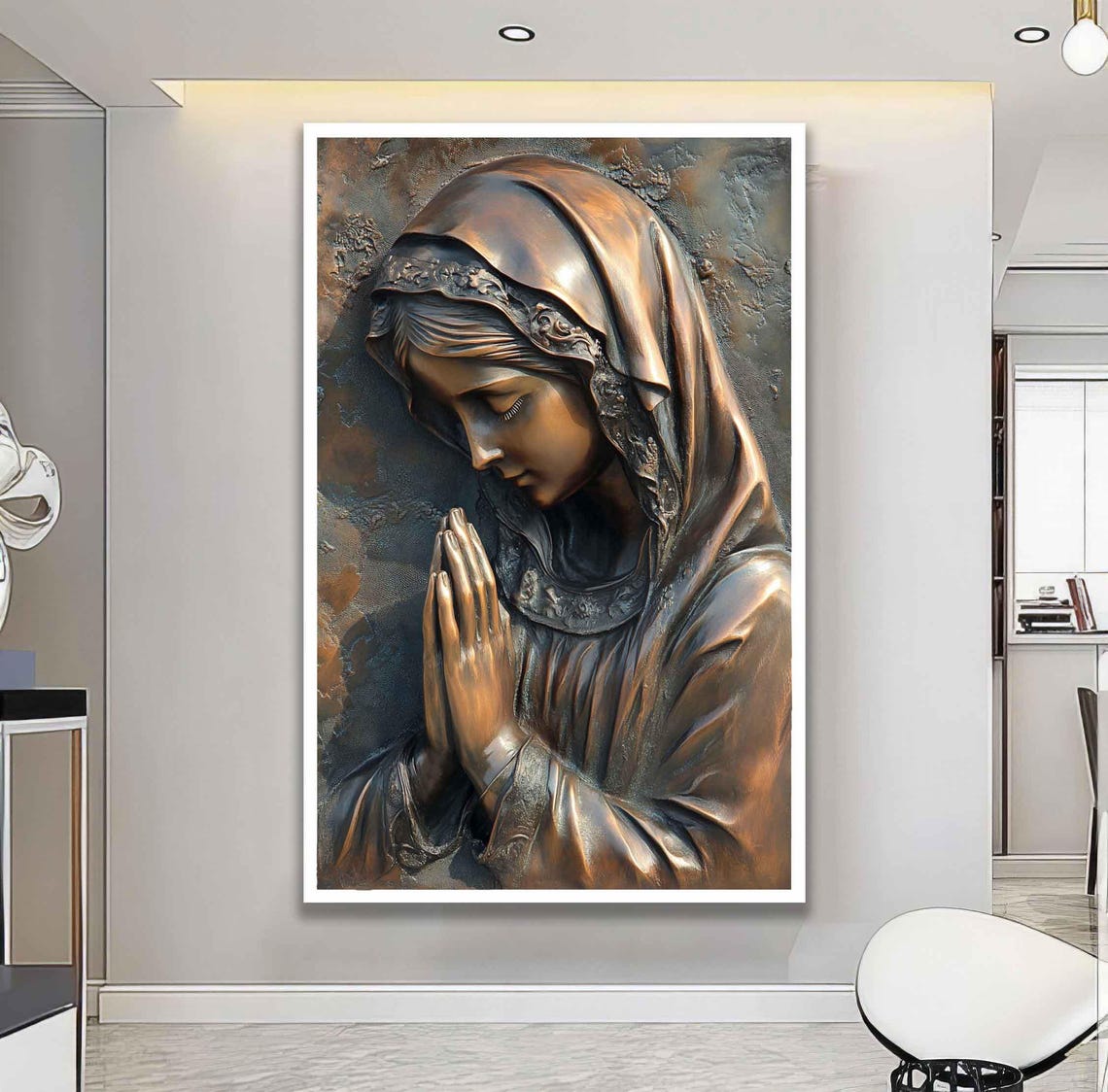 Bronze Praying Virgin Mary Relief Sculpture Style Religious Wall Art - Image 3