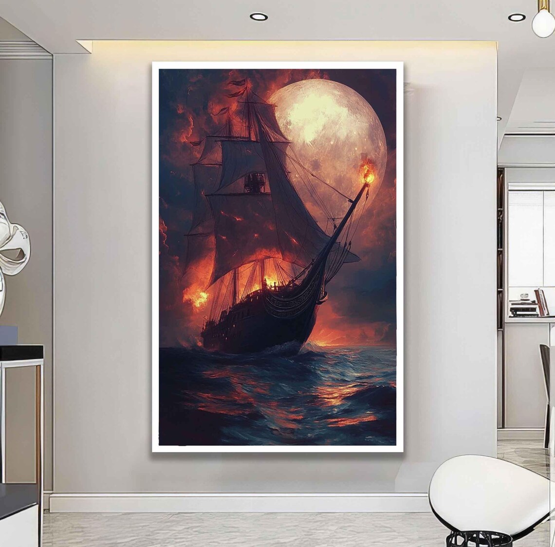 Ship On Full Moon - Pirate Ship Art Print - Image 2