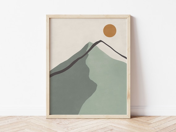 Minimalist Mountain Landscape Abstract Mountain And Sun Print In Sage Green Tones