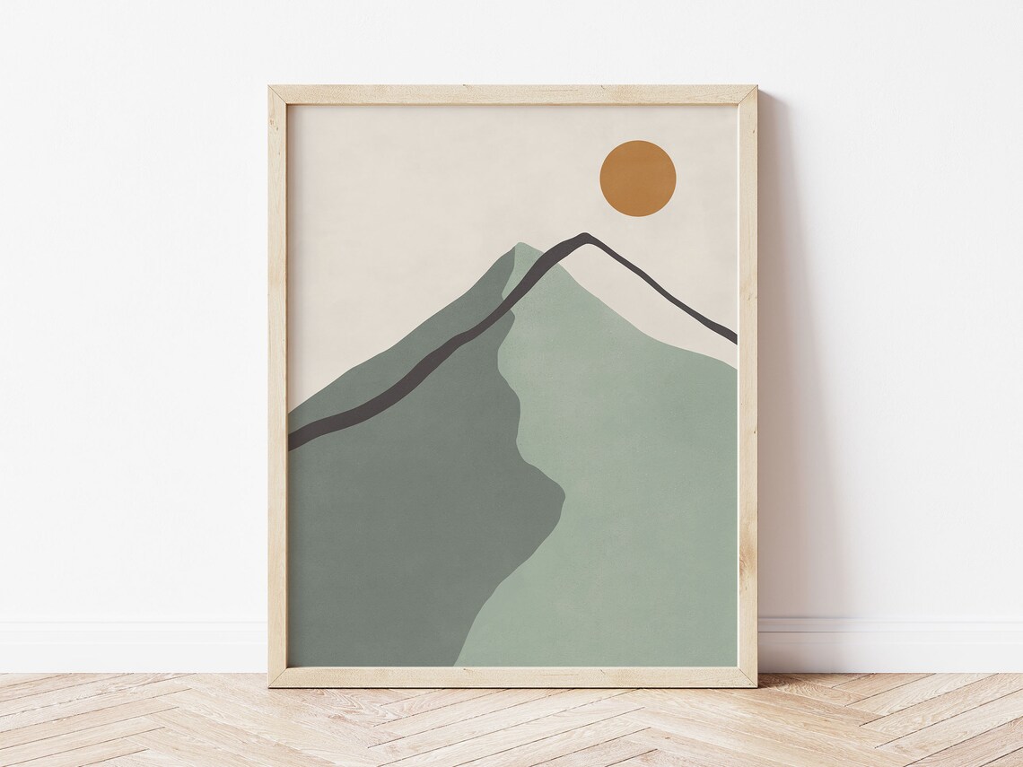 Minimalist Mountain Landscape Abstract Mountain And Sun Print In Sage Green Tones