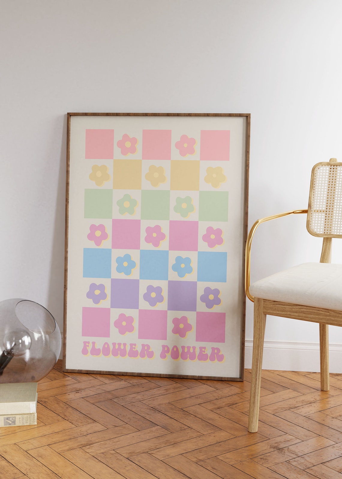 Flower Power Pastel Checkered Daisy Groovy Retro 70s Wall Art - Image 2