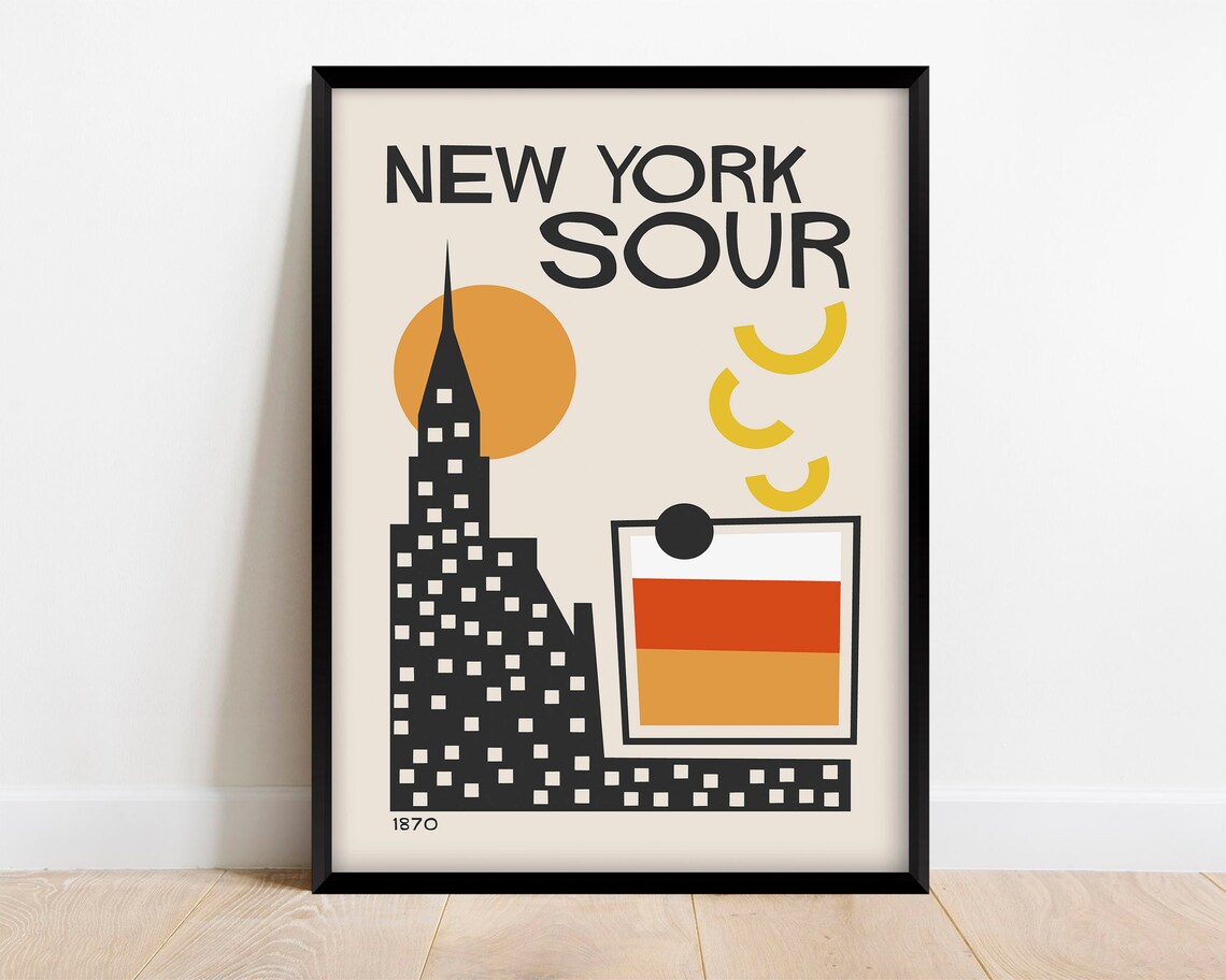 New York Sour Retro Cocktail Poster, Mid-Century