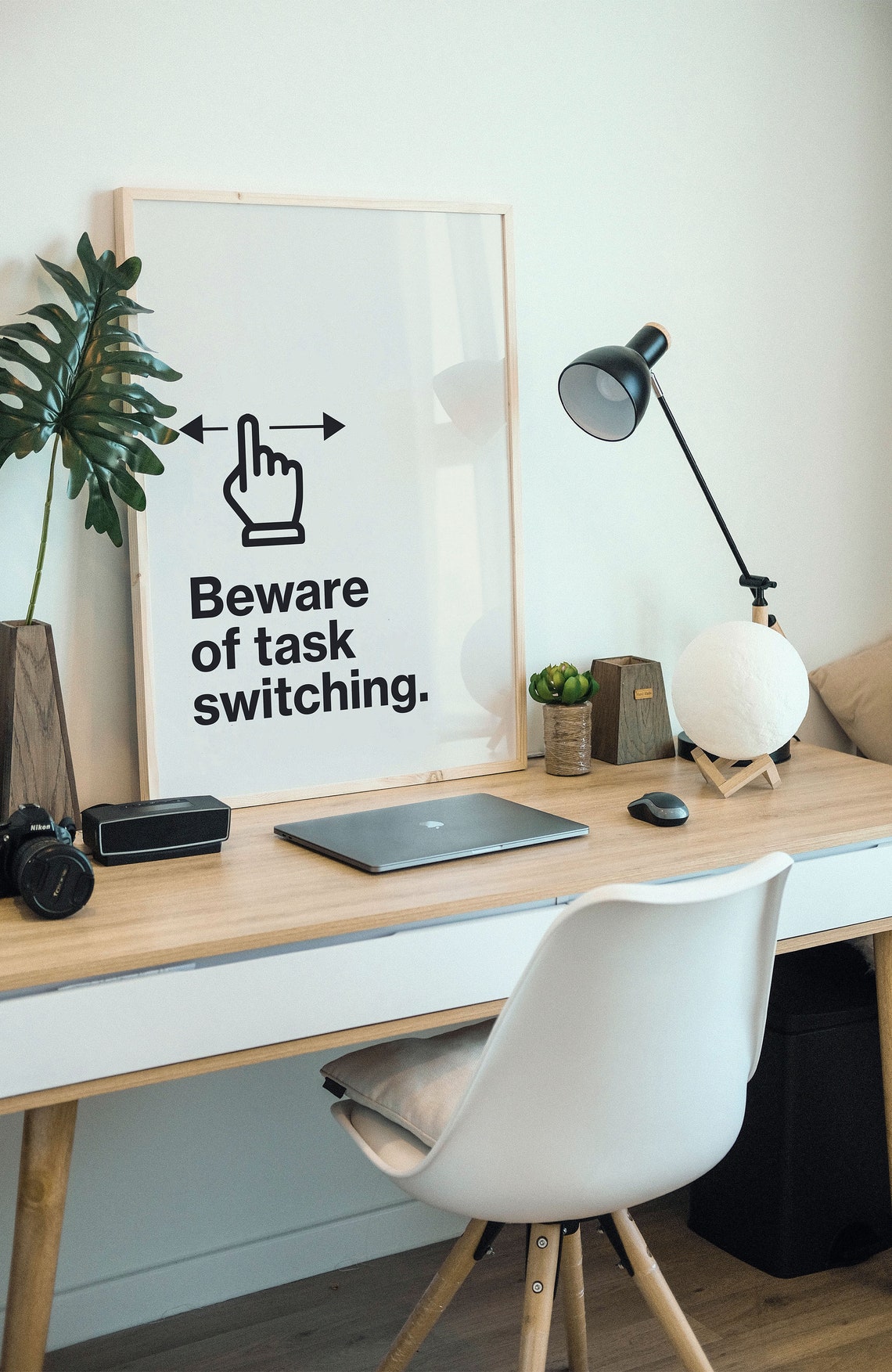 Beware of Task Switching Black White Minimalist Office Quote Poster