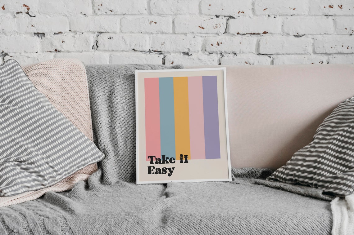 Take It Easy Print Funky Inspirational Quotes Wall Art Retro Groovy Poster In Pastel Tones Trendy Wall Art - Image 3