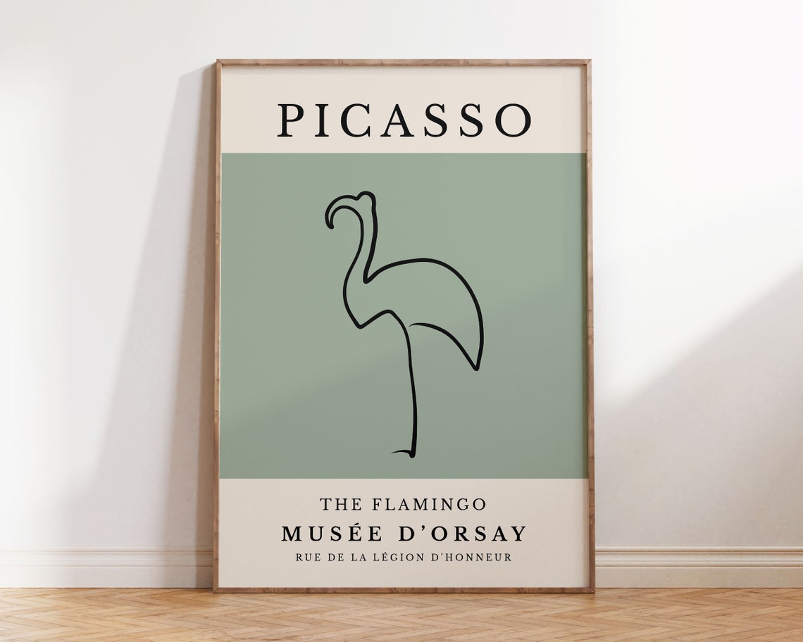 Picasso Flamingo Line Drawing Sage Green Minimalist Museum Print