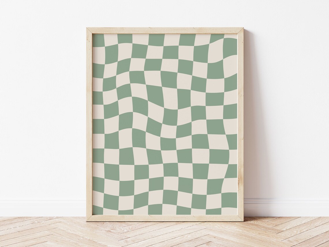 Sage Green Checkered Retro Wavy Checkerboard Art Print