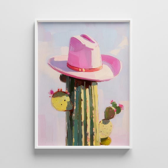 Cactus Poster Cowboy Hat Wall Art Quirky Desert Illustration Funny Southwestern Decor Instant