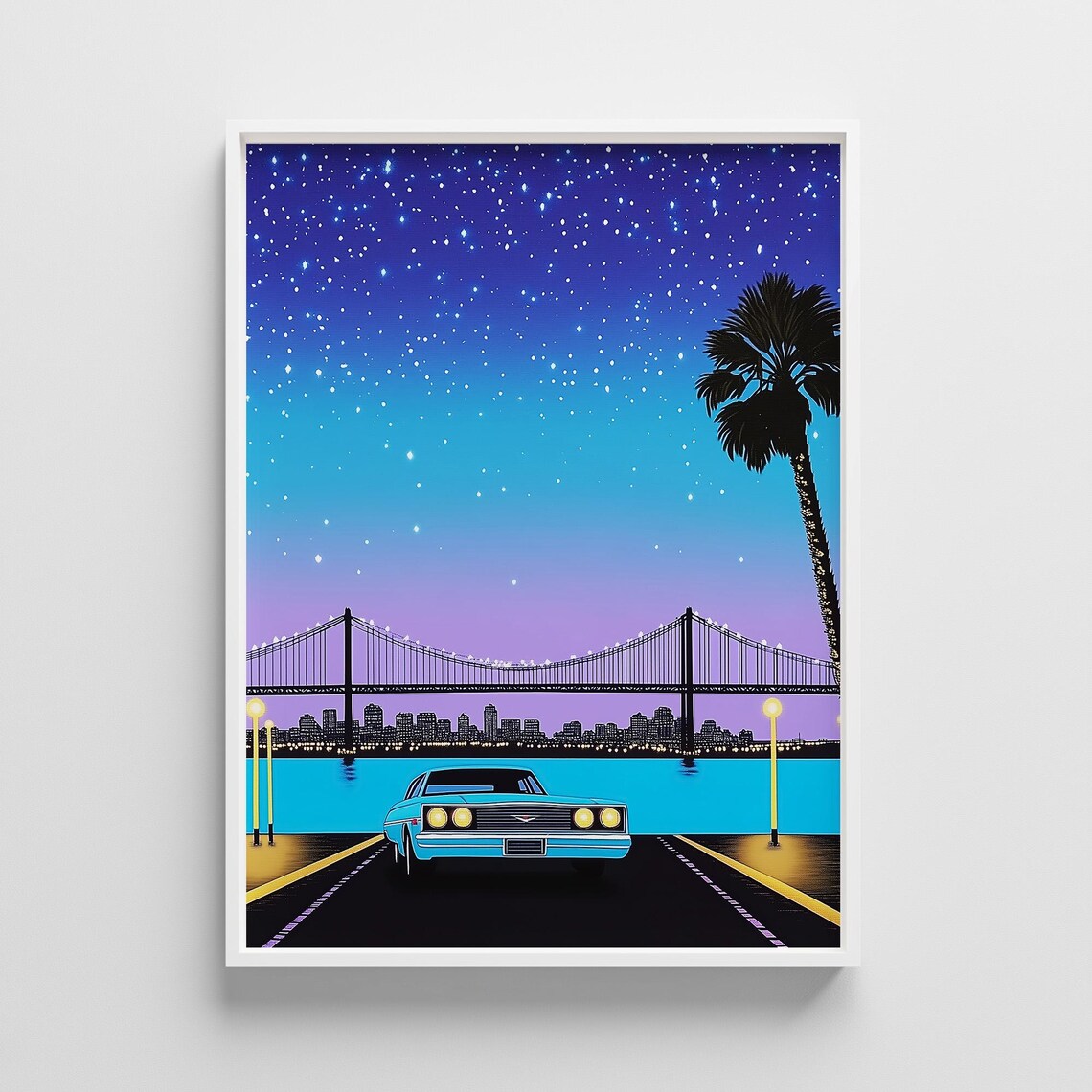 Retro Car By Night Bridge Poster, 80s Japanese City Pop Style Artwork