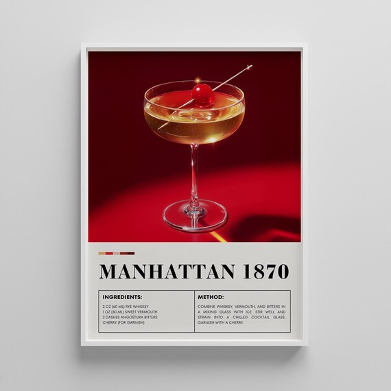 Manhattan 1870 Whiskey Cherry Cocktail Recipe Vintage Bar Print