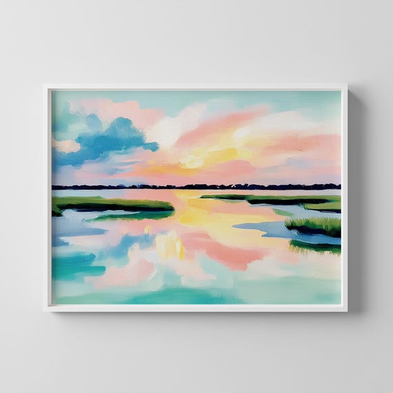 Sunset Landscape Wall Art Pastel Sky Poster Calming Horizon Serene Nature Decor