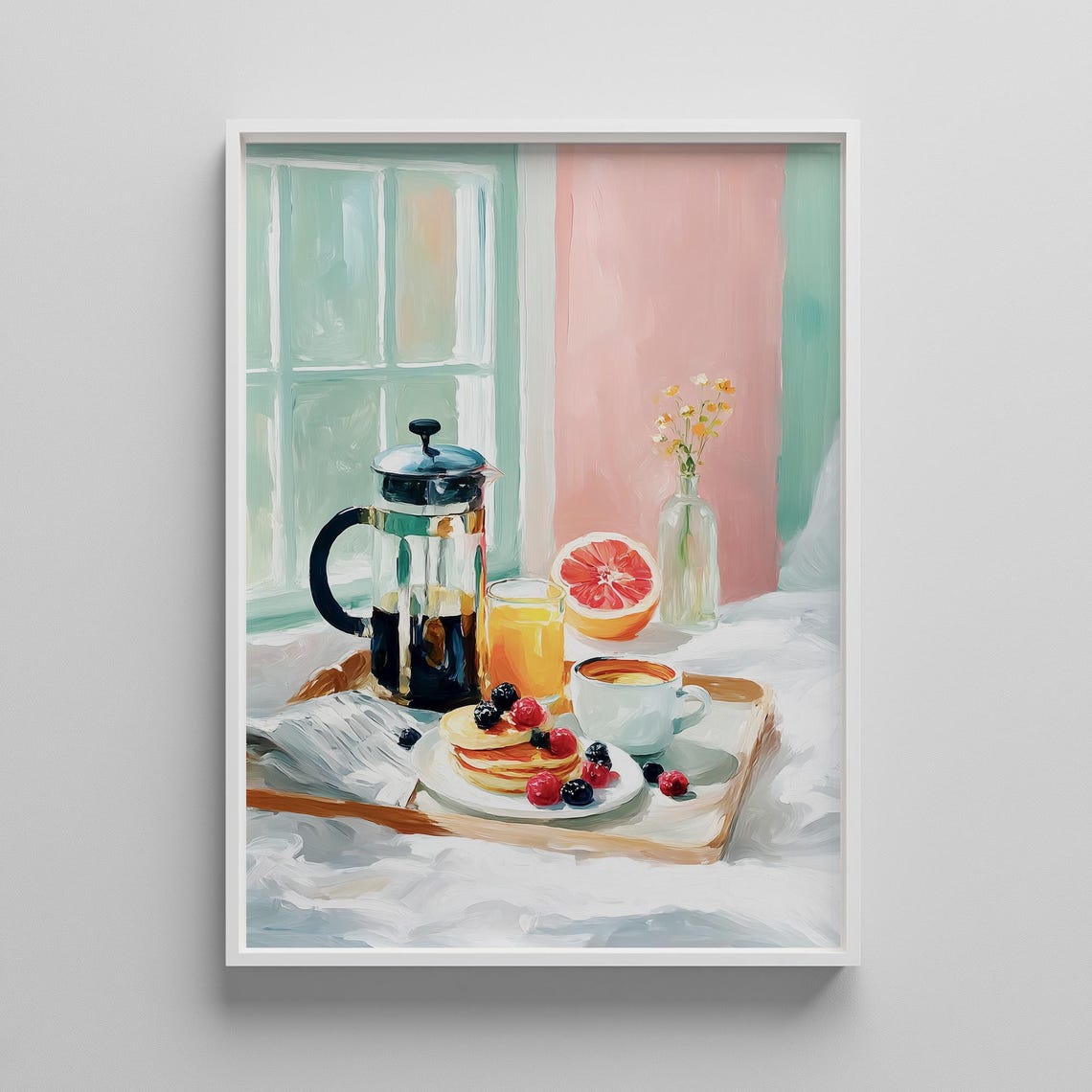 Cozy Breakfast in Bed French Press Coffee Pancakes Art Poster