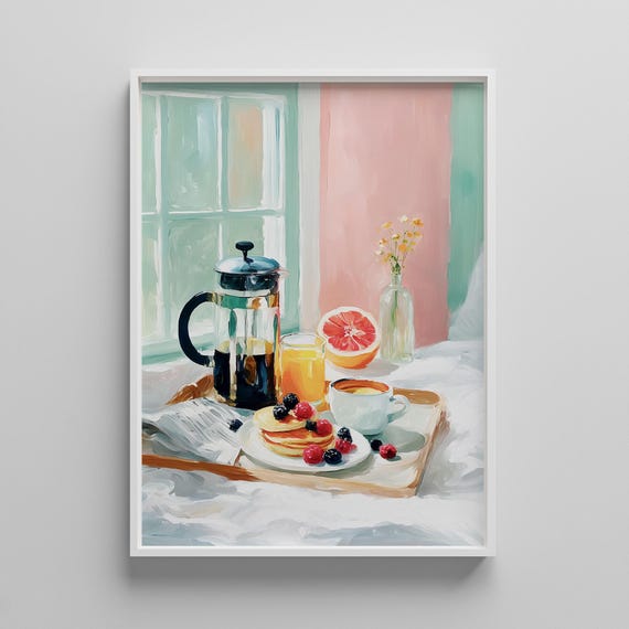 Breakfast In Bed Wall Art French Press Coffee Brunch Poster Cozy Kitchen Decor Grand Millennial Print