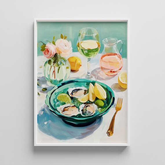 Oysters and Wine Summer Still Life Painting Print Kitchen Art