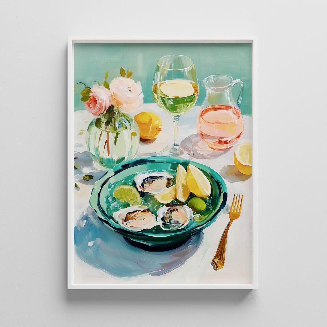 Oysters and Wine Summer Still Life Painting Print Kitchen Art