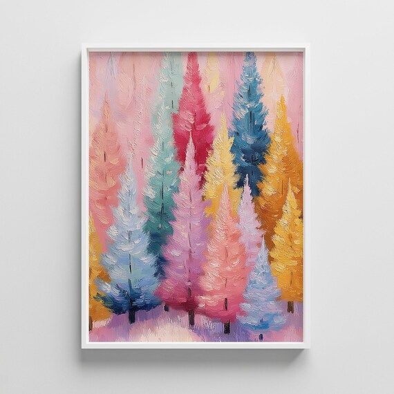 Colorful Pastel Christmas Trees Whimsical Holiday Forest Poster