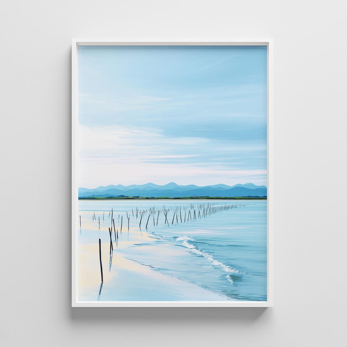 Tranquil Blue Shoreline with Wooden Stakes Minimalist Coastal Poster