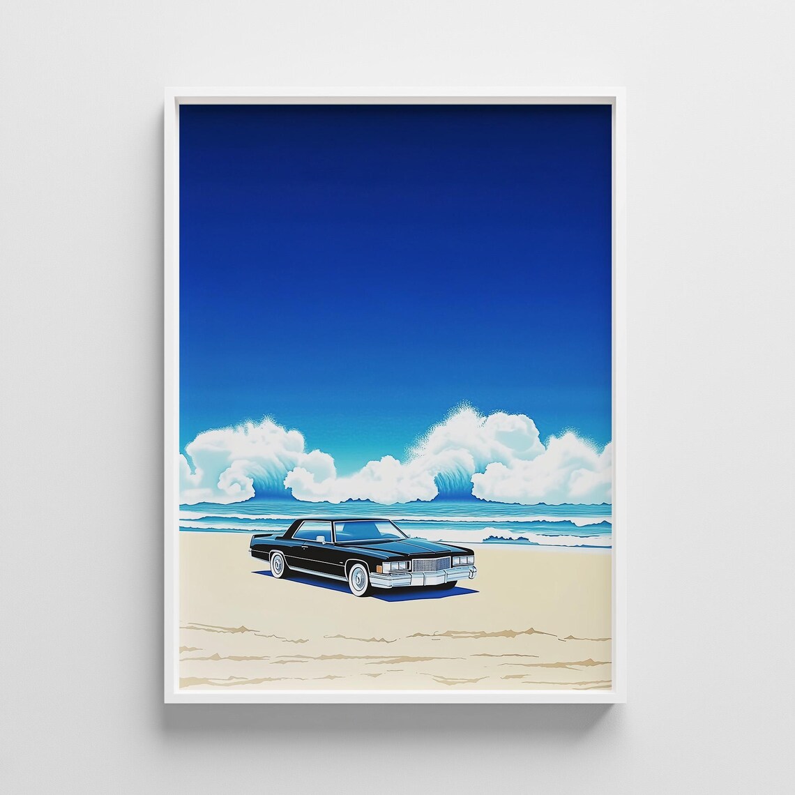 Retro Beach Black Sedan Vintage Car Coastal City Pop Art Poster