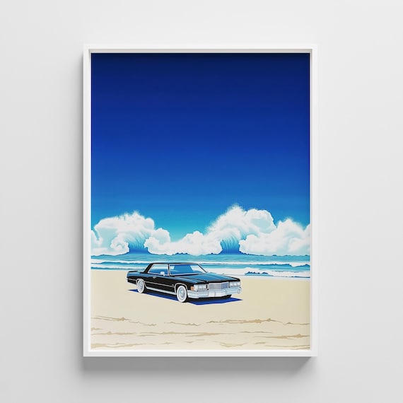 Retro Beach Black Sedan Vintage Car Coastal City Pop Art Poster