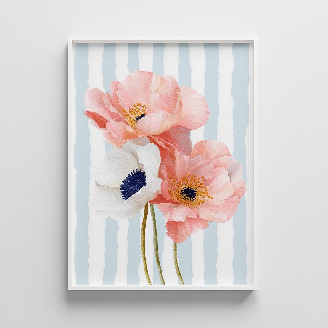 Pink and White Peony Blooms on Blue Striped Botanical Art Poster