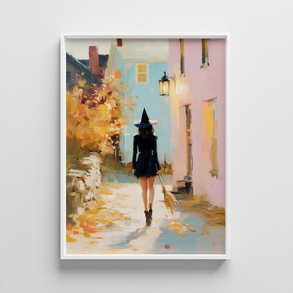 Halloween Witch Autumn Street Pastel Houses Oil Painting Art Poster