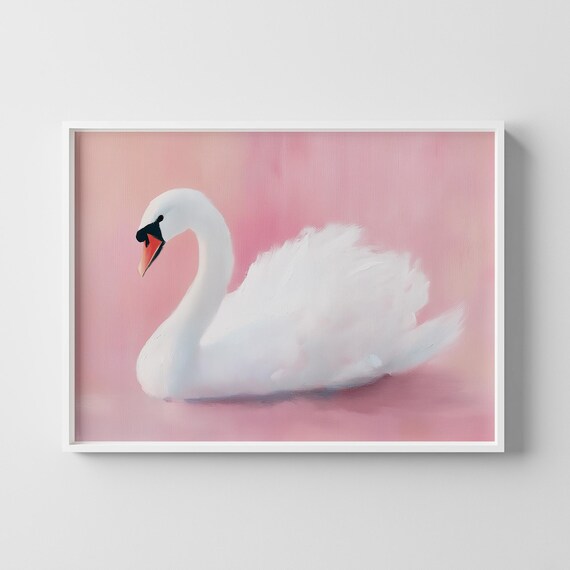 Swan Poster Elegant Bird Wall Art White Illustration Romantic Pastel Decor Instant