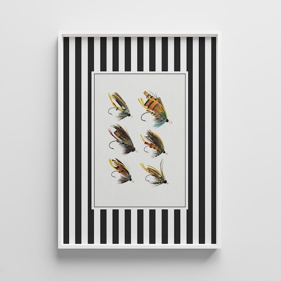 Six Vintage Fly Fishing Lures on Striped Background Art Poster