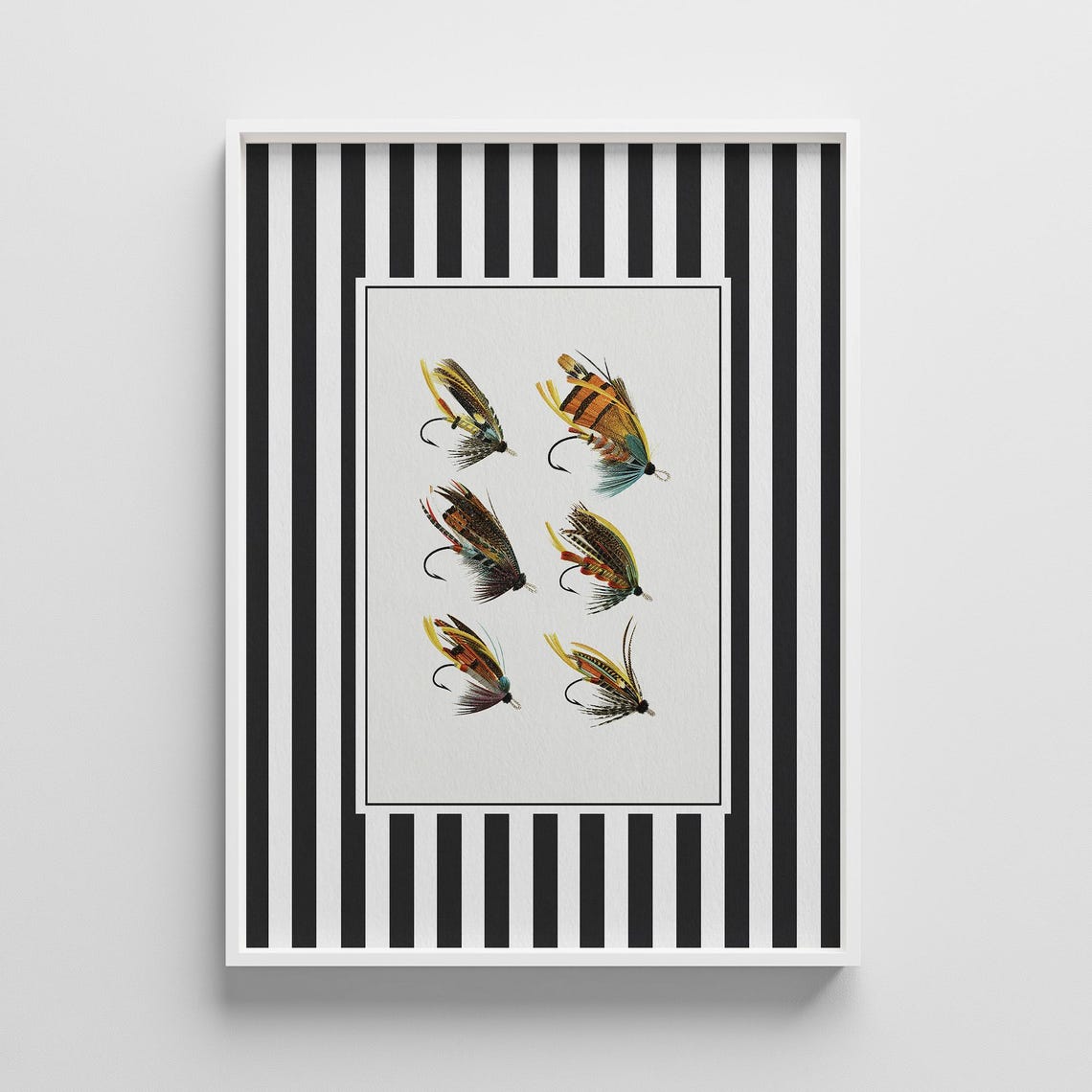 Six Vintage Fly Fishing Lures on Striped Background Art Poster