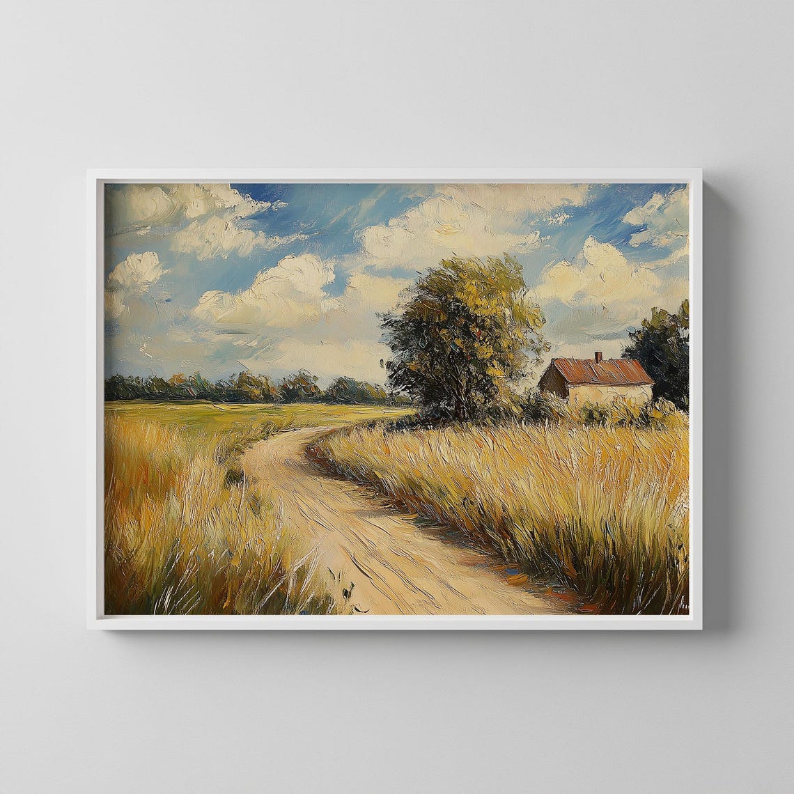 Golden Wheat Field Cottage Country Dirt Road Landscape Poster