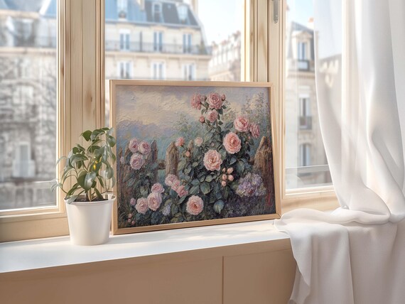 Pink Roses Blooming Bush Poster Vintage Watercolor Garden Floral Art