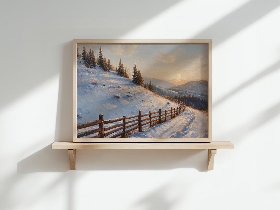 Vintage Christmas Snowy Hillside Sunset Landscape Art Poster