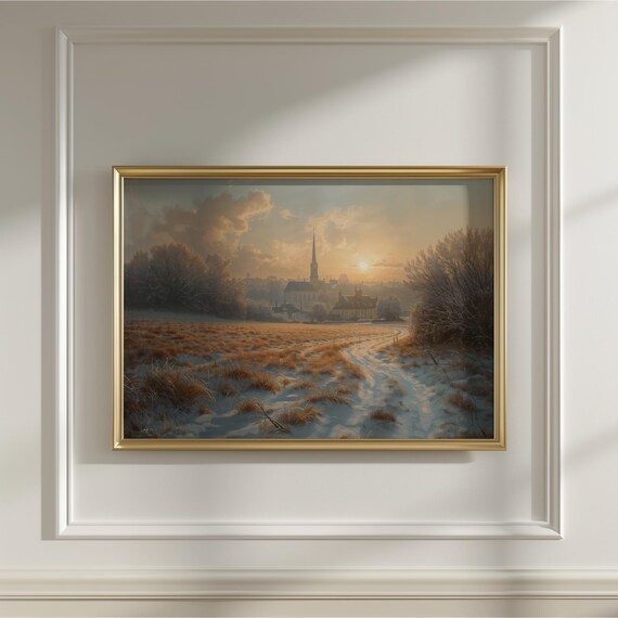 Golden Winter Sunset Meadow Church Steeple Frosty Path Poster