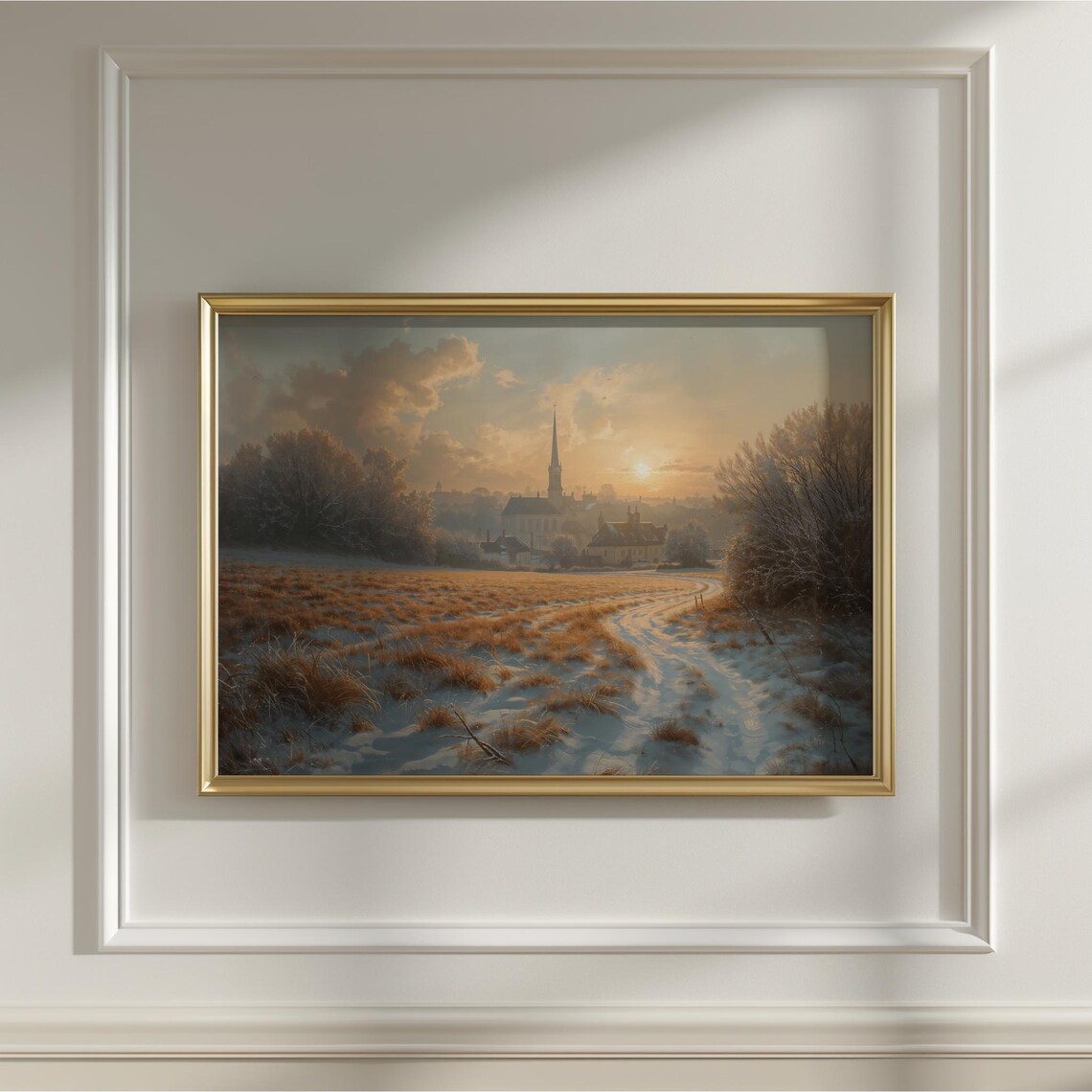 Golden Winter Sunset Meadow Church Steeple Frosty Path Poster