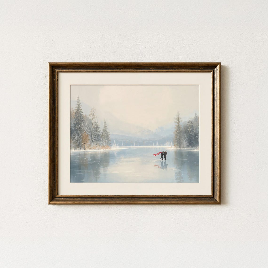 Winter Lake Ice Skaters Red Scarf Romantic Snowy Landscape Art Print