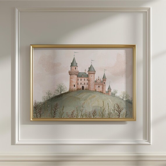 Dreamy Whimsical Pink Castle on the Grassy Hill Kids Nursery Print