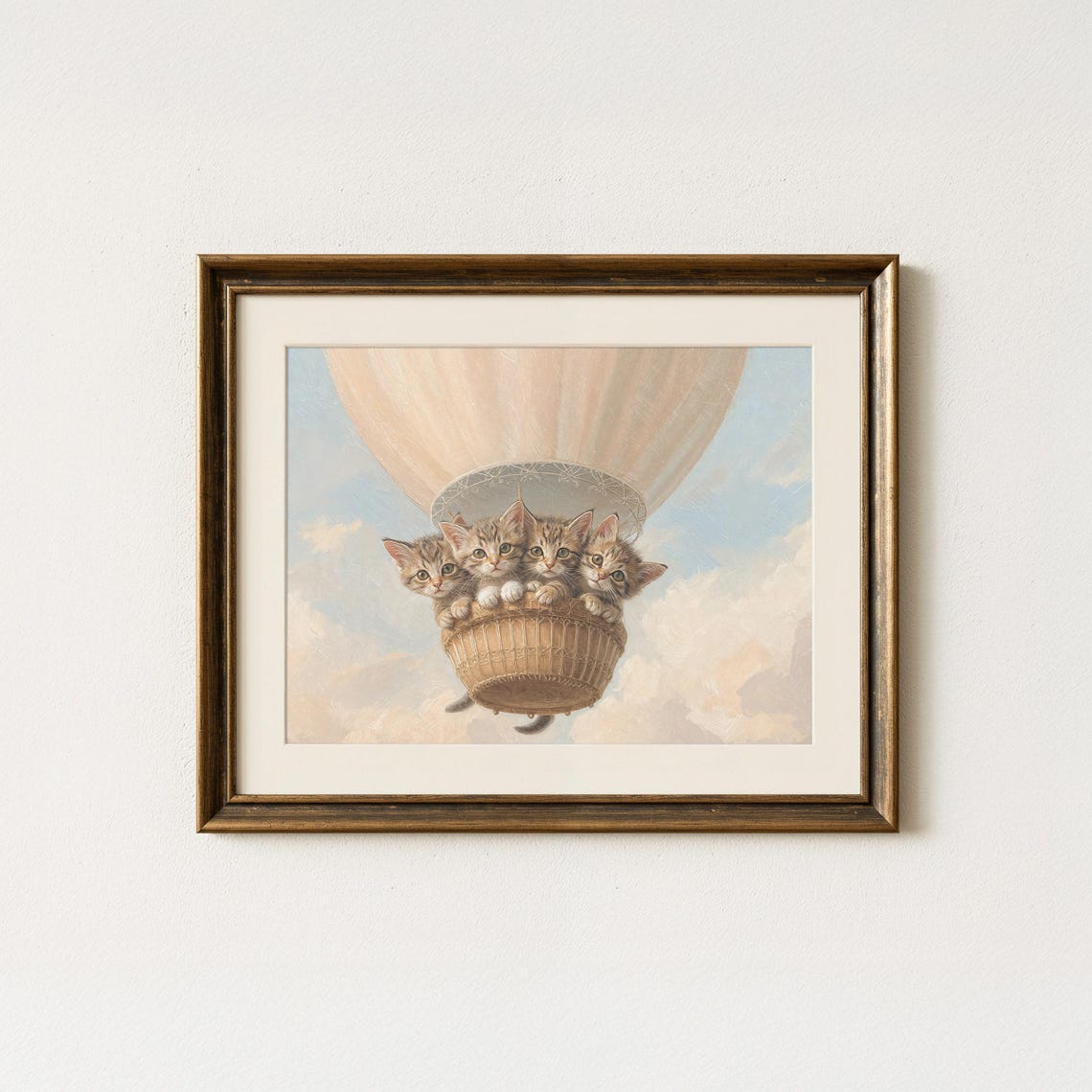 Three Kittens Riding Hot Air Balloon Basket Nursery Wall Art