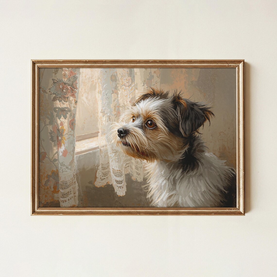Scruffy Terrier Dog Portrait by Lace Curtain Antique Painting Poster