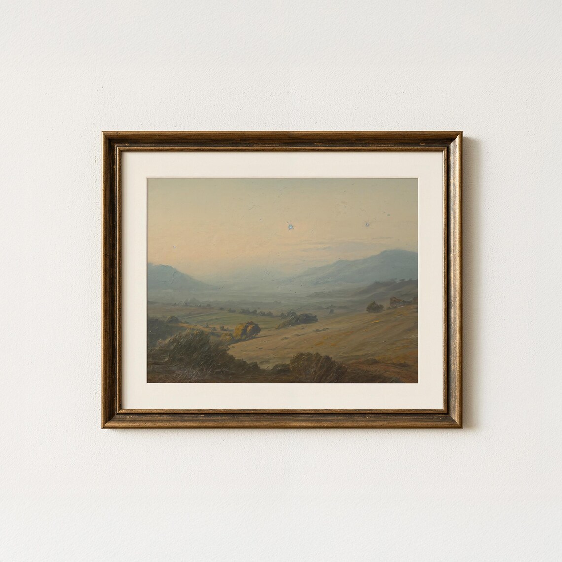 Vintage Hazy Valley Landscape Golden Hour Oil Painting Poster
