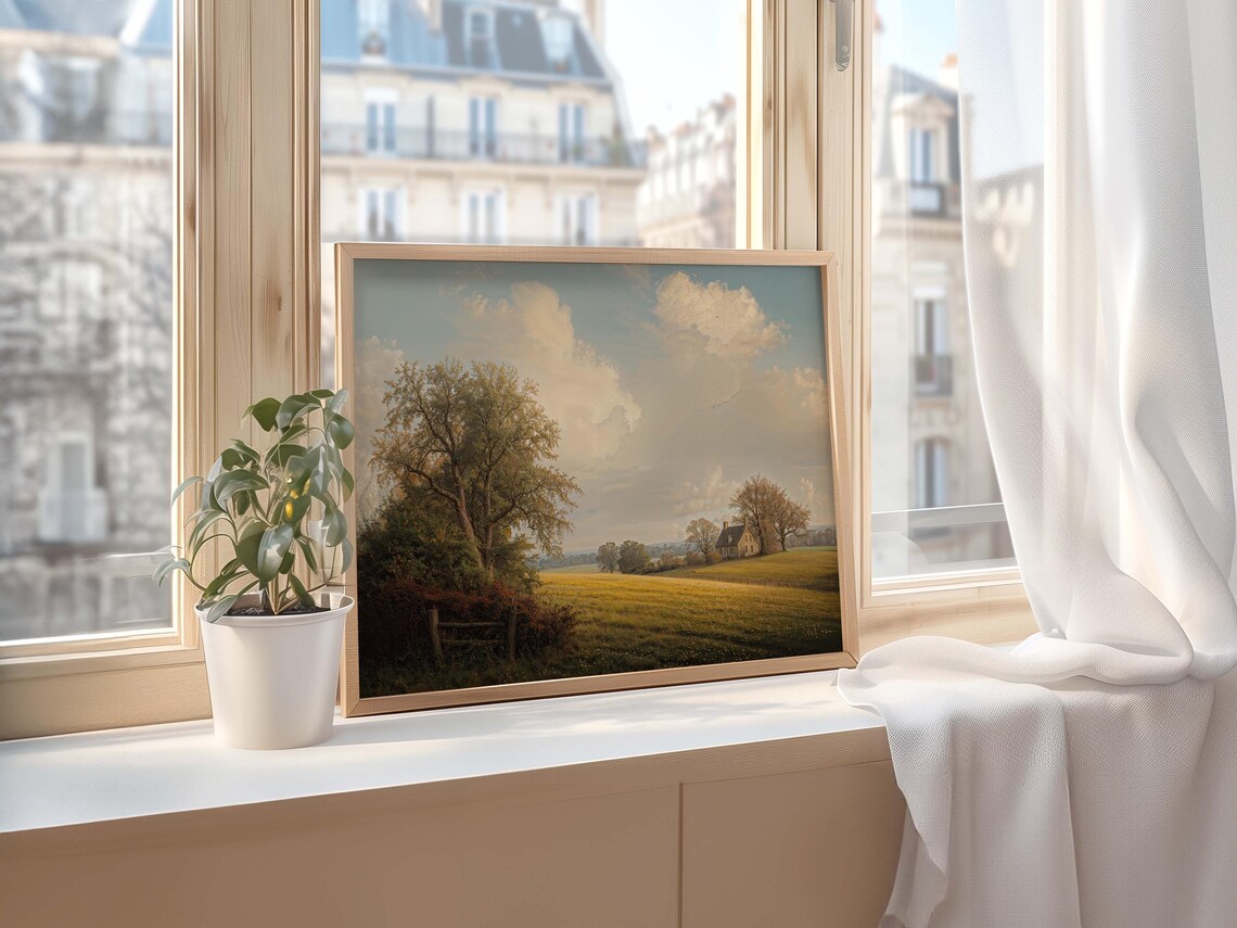 Golden Sunlit Countryside Field Farmhouse Muted Vintage Oil Print