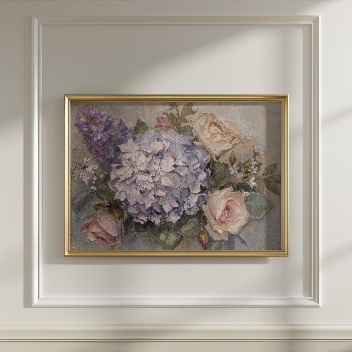 Hydrangea Lilac And Roses Oil Painting Vintage Floral Bouquet Wall Art