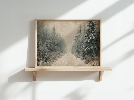 Vintage Misty Winter Forest Snowy Pine Trees Christmas Nature Wall Art