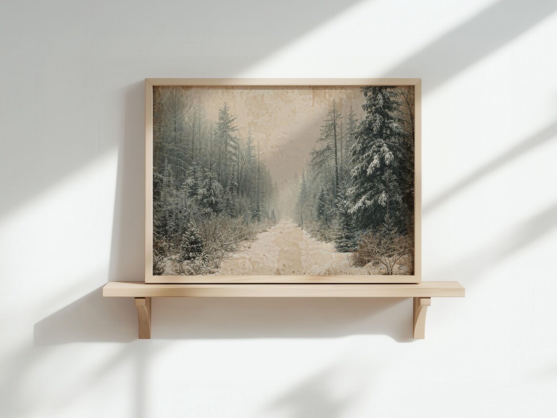 Vintage Misty Winter Forest Snowy Pine Trees Christmas Nature Wall Art