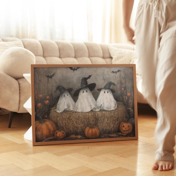 Vintage Halloween Print Three Ghosts And Pumpkins