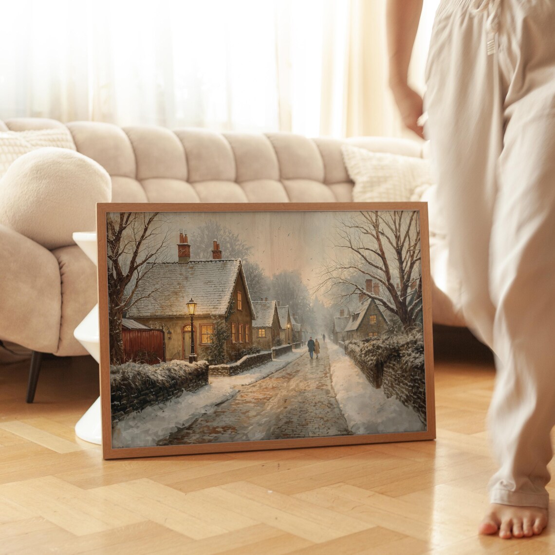 Vintage Snowy Village Street Nostalgic Winter Christmas Scene Wall Art