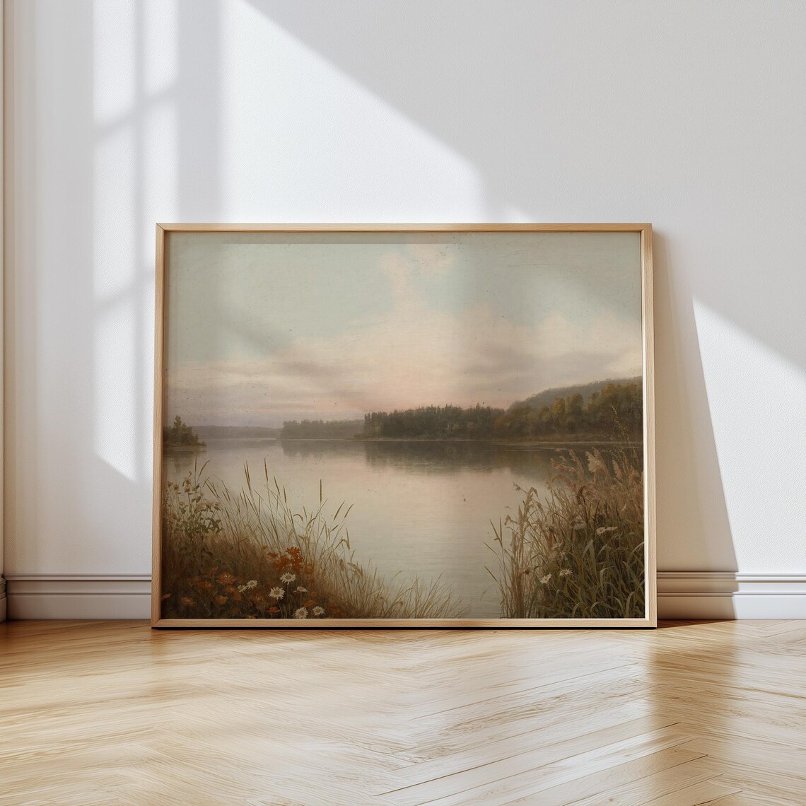 Tranquil Lake with Wildflowers and Reeds at Dawn Painting Poster