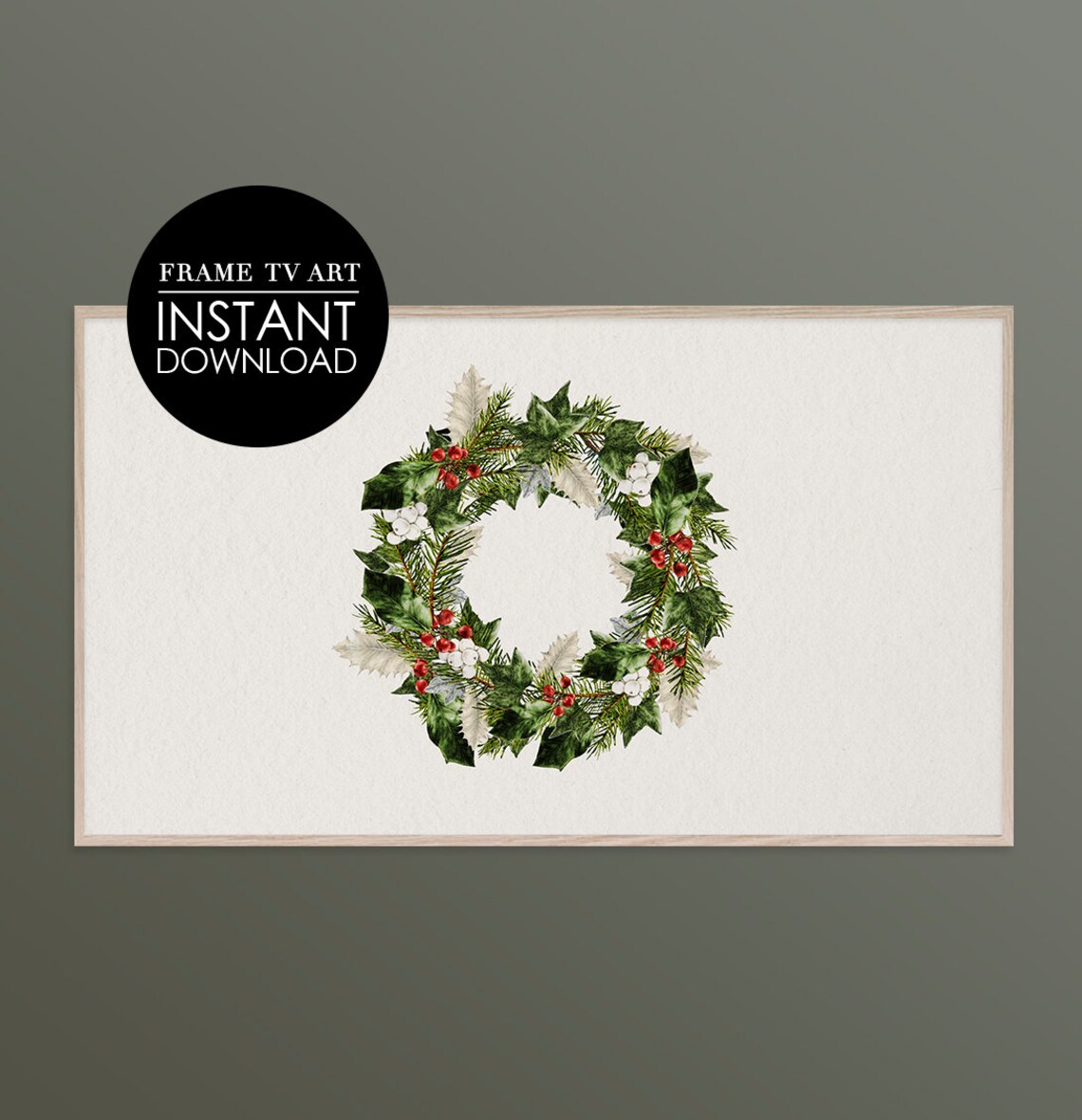 Christmas Holly Berry Wreath Watercolor Holiday Botanical Poster