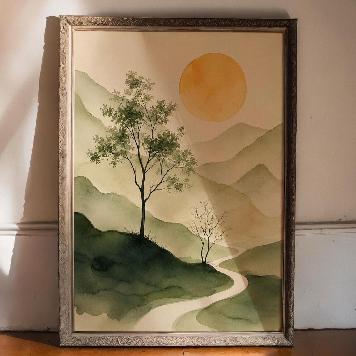 Green Mountain Landscape, Minimalist Watercolor Poster