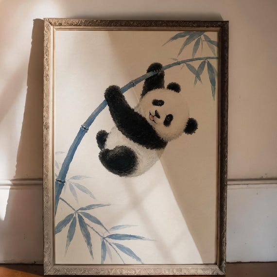 Panda Bamboo Branch Wall Art Japanese Oil Painting Style Poster