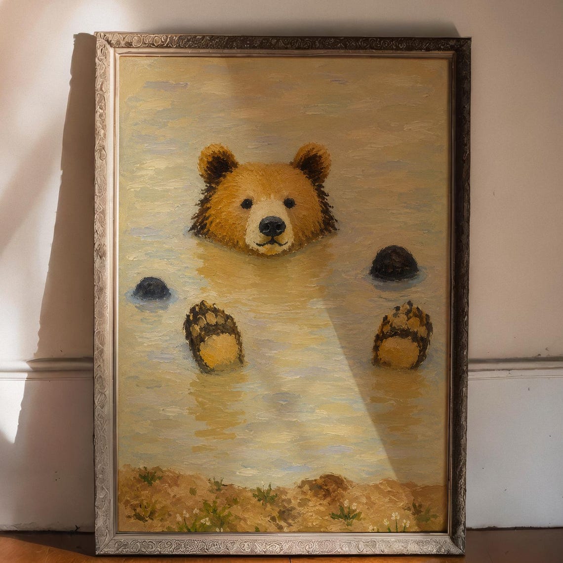 Bear Swimming Cute Brown Bear Head Paws Whimsical Oil Style Poster