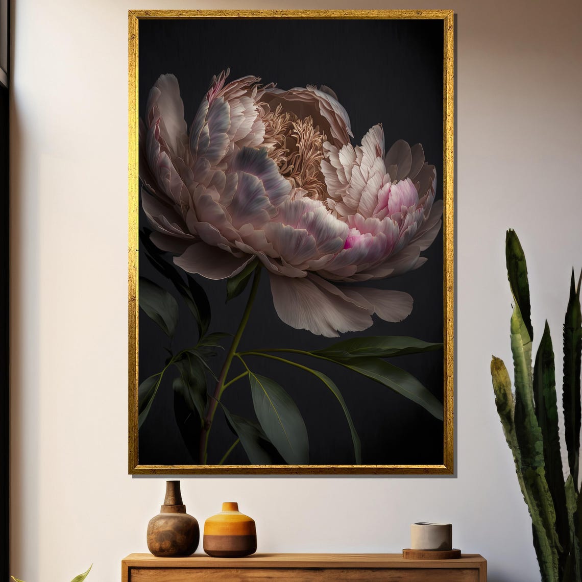 Soft Blush Pink Peony Bloom On Dark Elegant Floral Art Poster