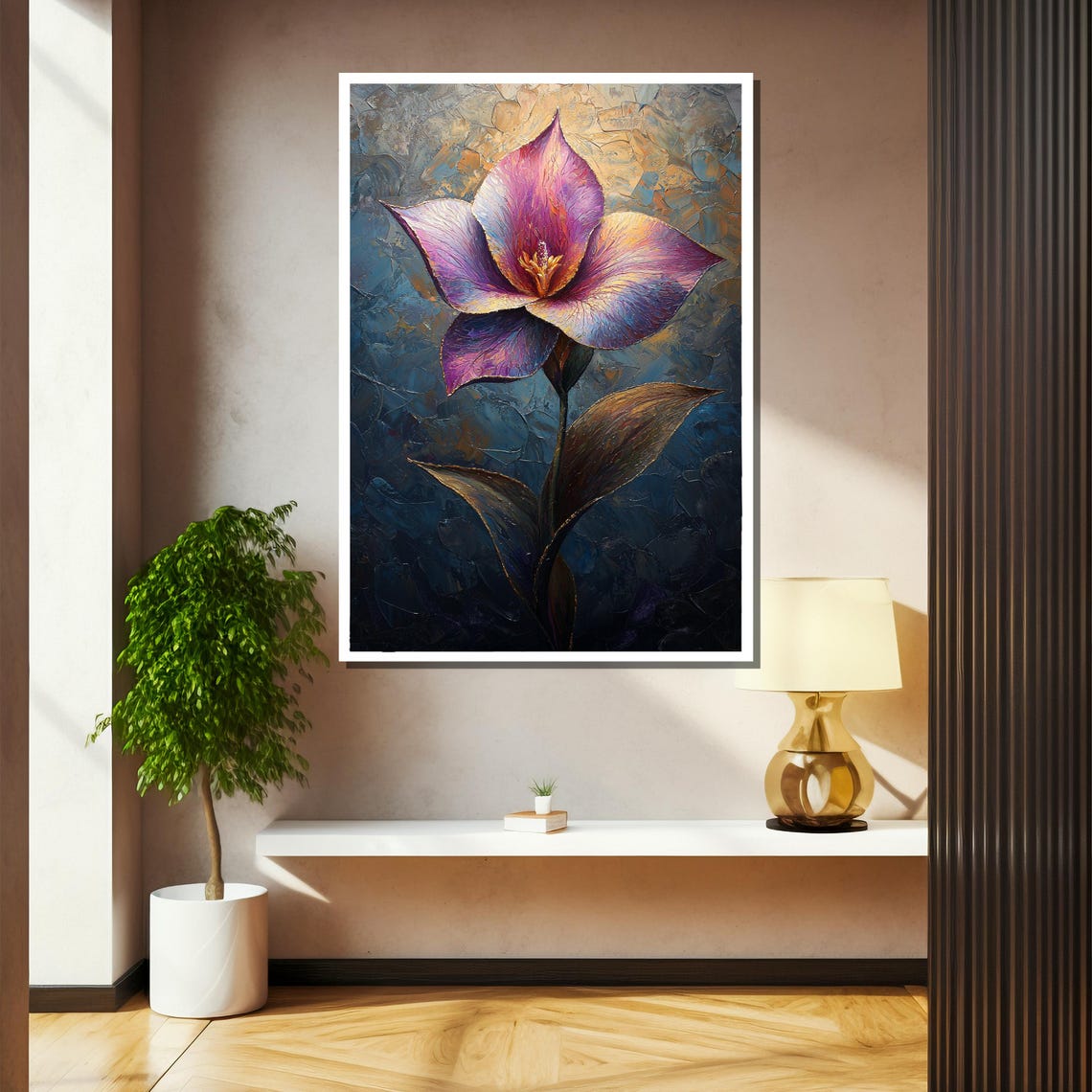 Purple Orchid Bloom Impasto Closeup Textured Floral Wall Art - Image 2
